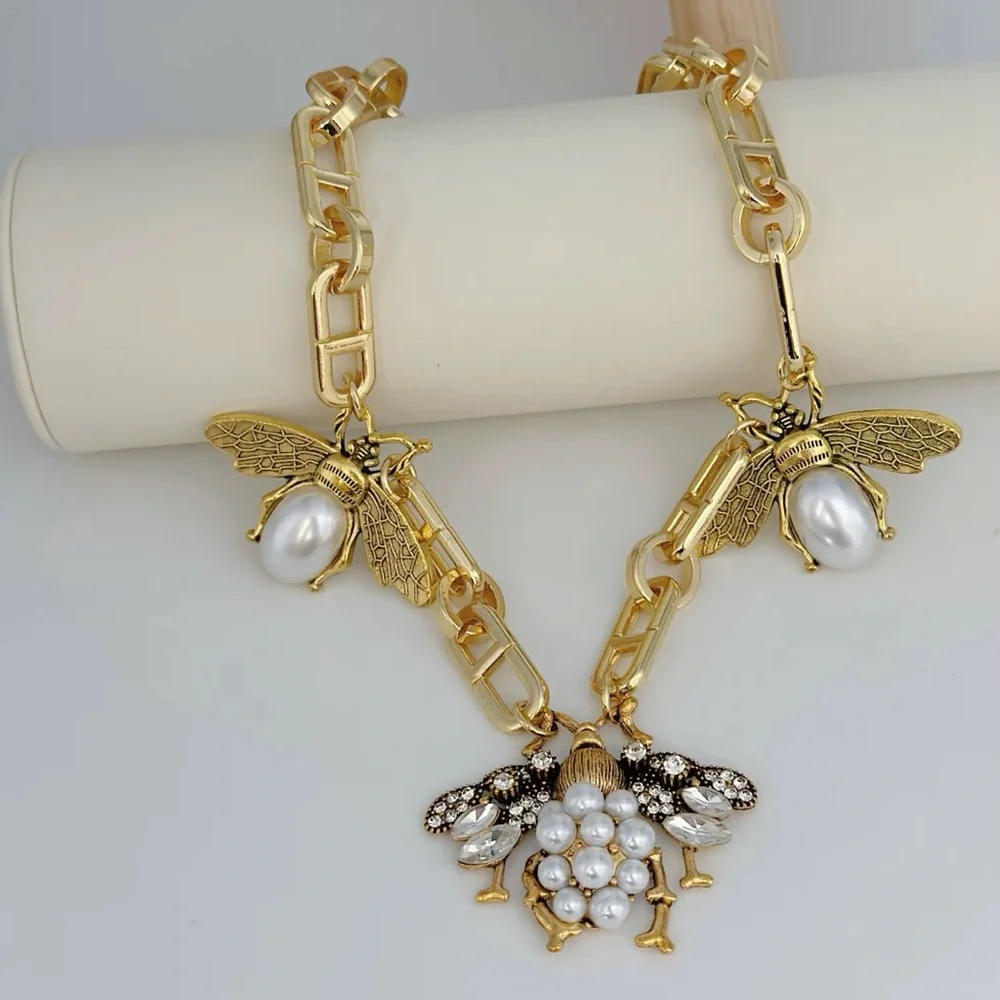 Gold Bee Pendant Necklace with Pearl Accents - Women Jewelry - Picture 3 of 5